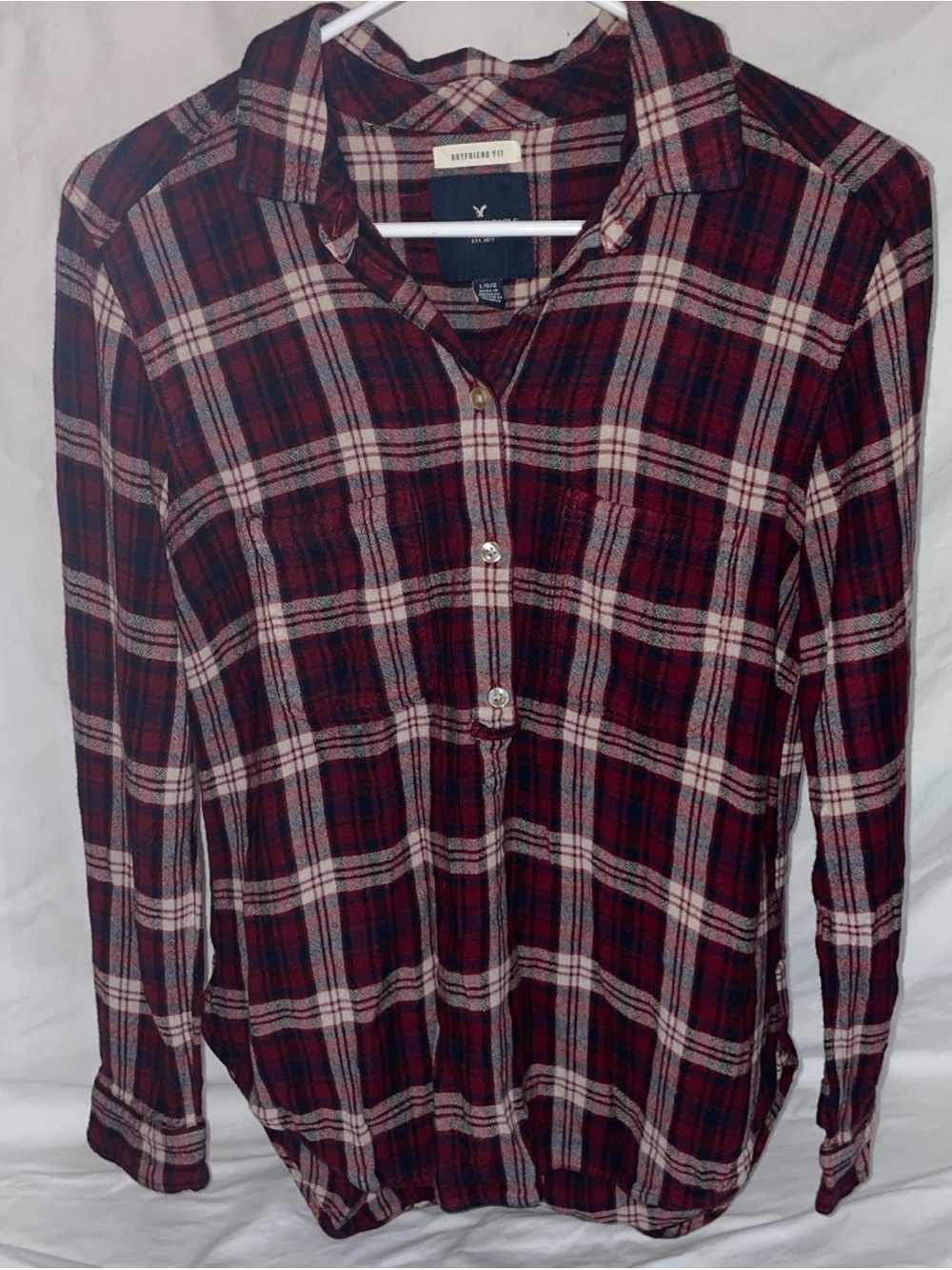 American Eagle Outfitters Red and Cream Plaid Boyfriend Shirt